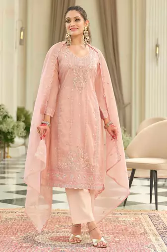 Pink embroidered silk kurta trouser dupatta set
