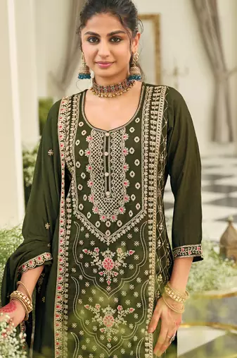 Green embroidered silk kurta trouser dupatta set