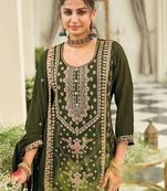 Green embroidered silk kurta trouser dupatta set
