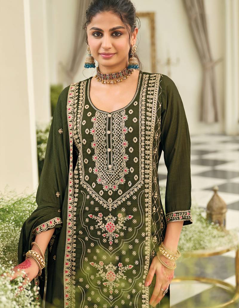 Green embroidered silk kurta trouser dupatta set