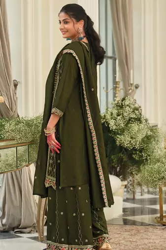 Green embroidered silk kurta trouser dupatta set