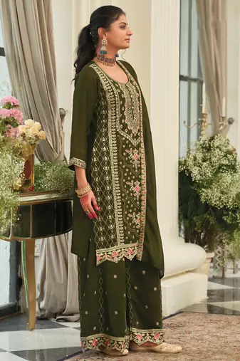 Green embroidered silk kurta trouser dupatta set