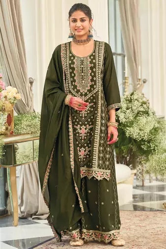 Green embroidered silk kurta trouser dupatta set