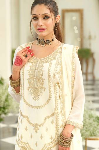 White embroidered chinon kurta trouser dupatta set