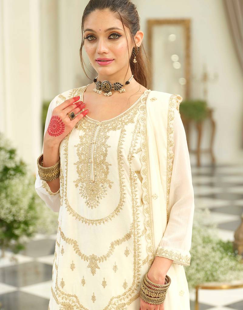 White embroidered chinon kurta trouser dupatta set