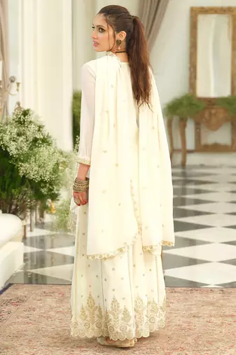 White embroidered chinon kurta trouser dupatta set
