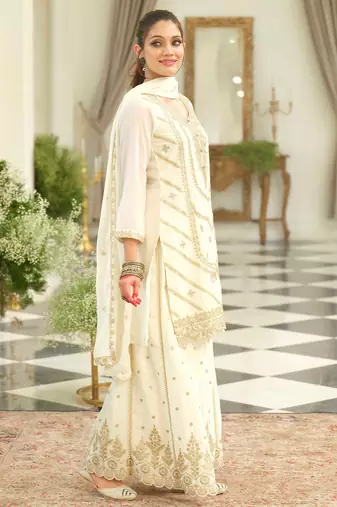 White embroidered chinon kurta trouser dupatta set