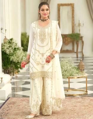 White embroidered chinon kurta trouser dupatta set 4
