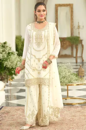 White embroidered chinon kurta trouser dupatta set