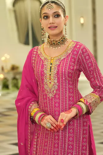 Pink embroidered chinon kurta trouser dupatta set