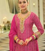 Pink embroidered chinon kurta trouser dupatta set