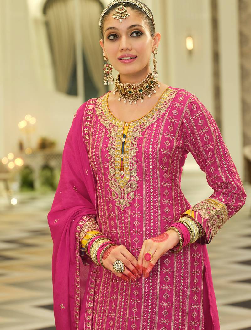 Pink embroidered chinon kurta trouser dupatta set