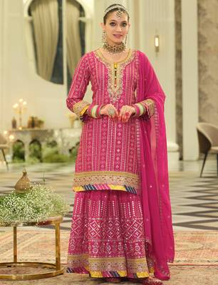 Pink embroidered chinon kurta trouser dupatta set 2