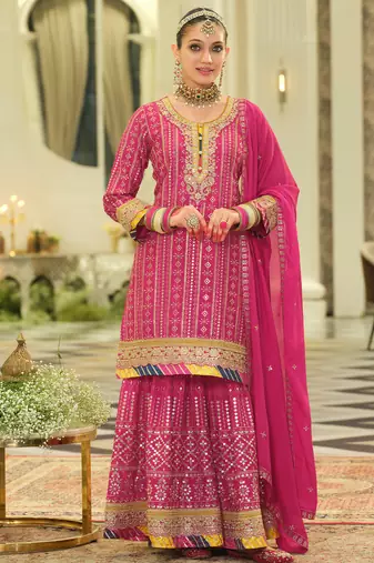 Pink embroidered chinon kurta trouser dupatta set