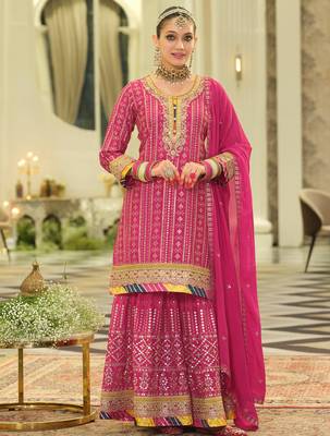 Pink embroidered chinon kurta trouser dupatta set 3