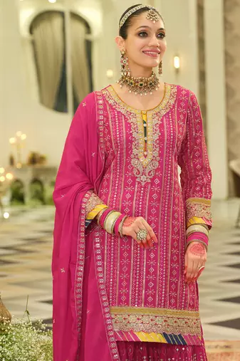 Pink embroidered chinon kurta trouser dupatta set