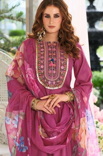 Pink embroidered pure cotton kurta trouser dupatta set