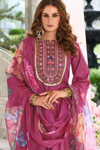 Pink embroidered pure cotton kurta trouser dupatta set