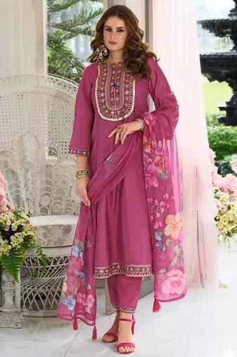 Pink embroidered pure cotton kurta trouser dupatta set