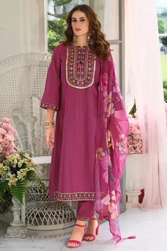 Pink embroidered pure cotton kurta trouser dupatta set