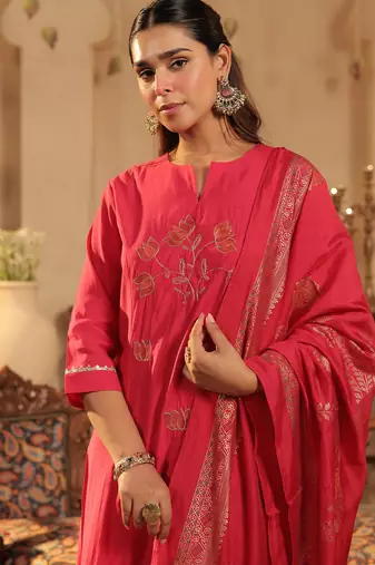 Pink embroidered silk kurta trouser dupatta set
