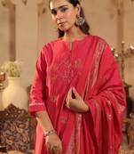Pink embroidered silk kurta trouser dupatta set