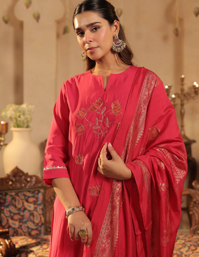 Pink embroidered silk kurta trouser dupatta set