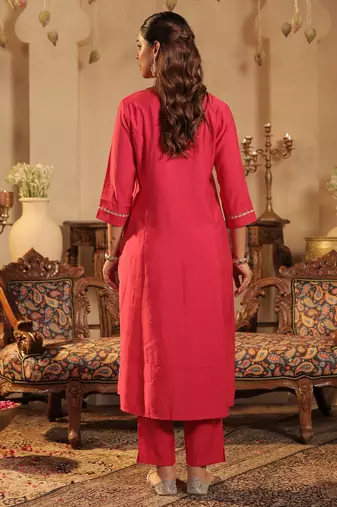 Pink embroidered silk kurta trouser dupatta set