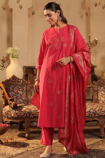 Pink embroidered silk kurta trouser dupatta set