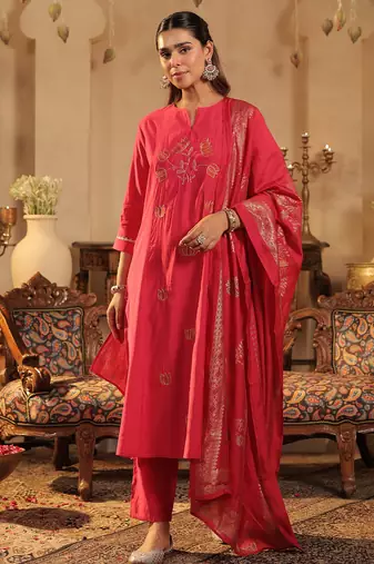 Pink embroidered silk kurta trouser dupatta set