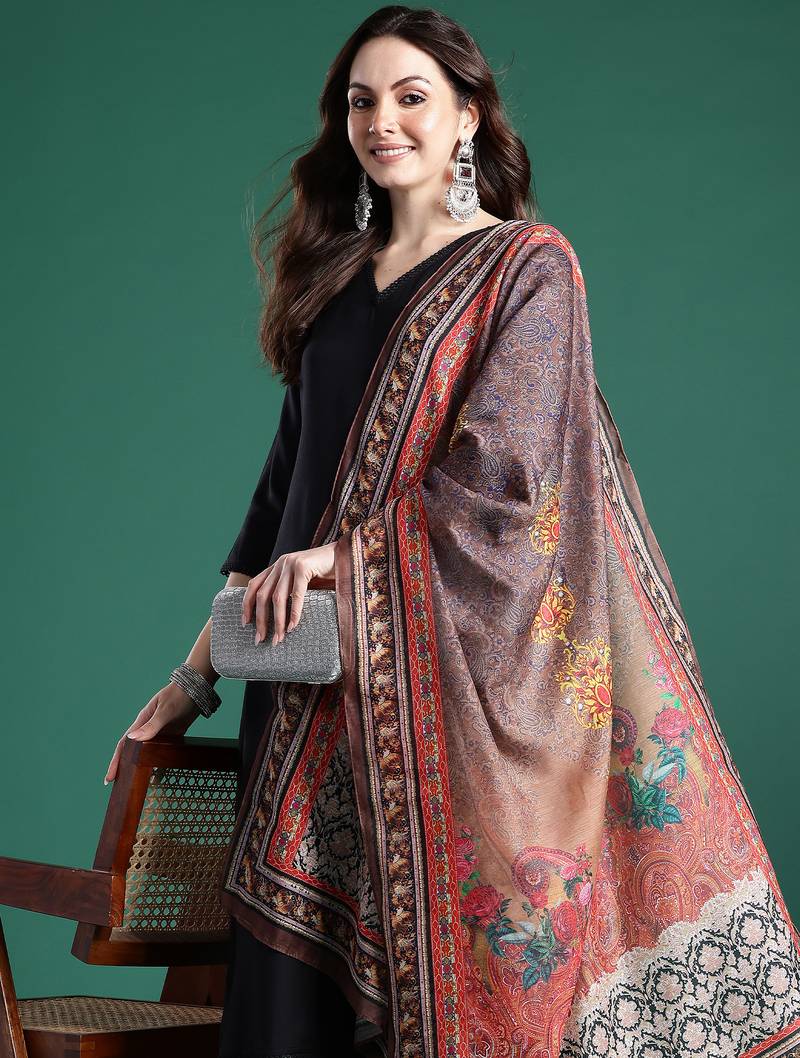 Black printed pure cotton kurta trouser dupatta set