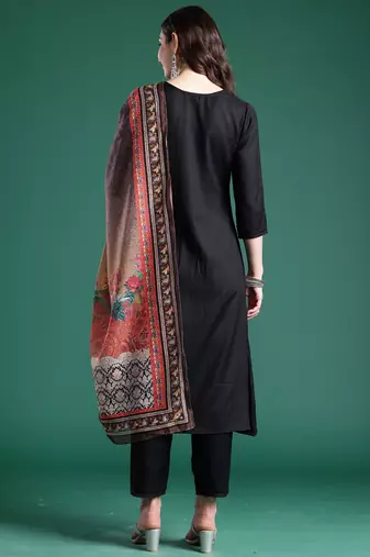 Black printed pure cotton kurta trouser dupatta set