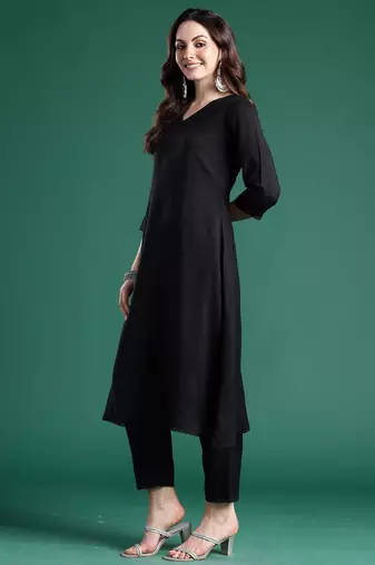 Black printed pure cotton kurta trouser dupatta set