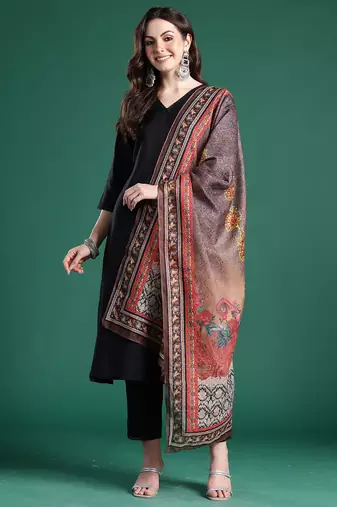 Black printed pure cotton kurta trouser dupatta set