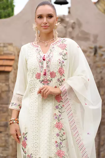 Off white embroidered silk kurta trouser dupatta set