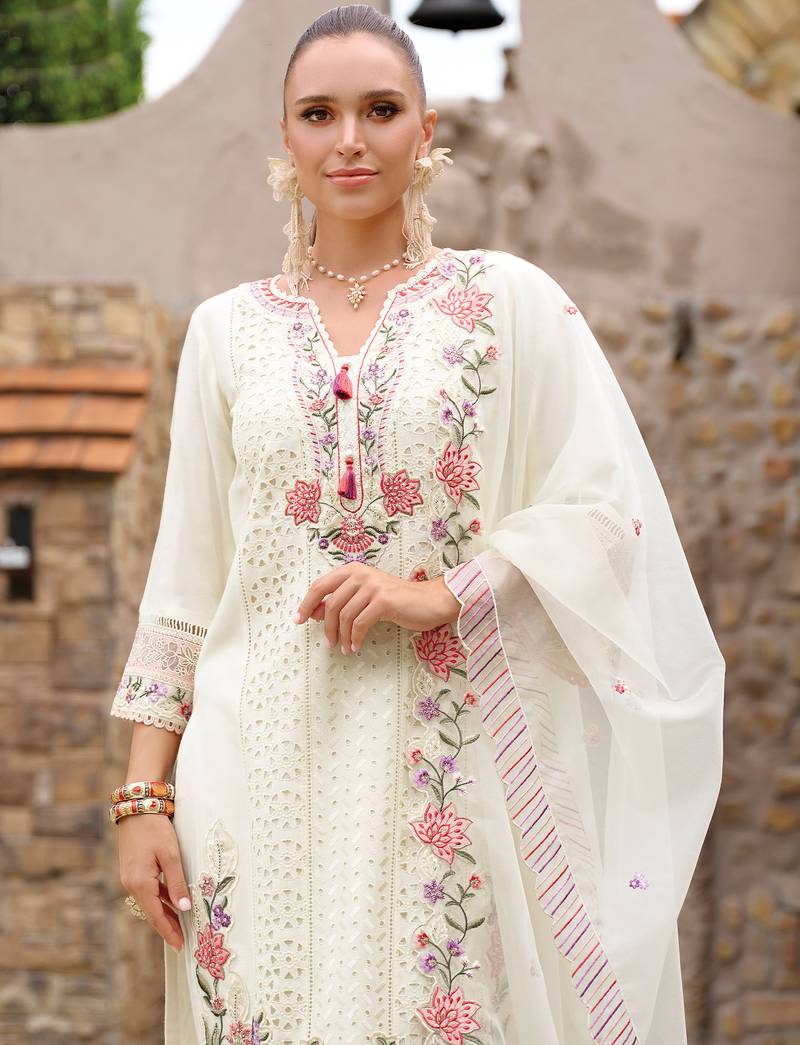 Off white embroidered silk kurta trouser dupatta set
