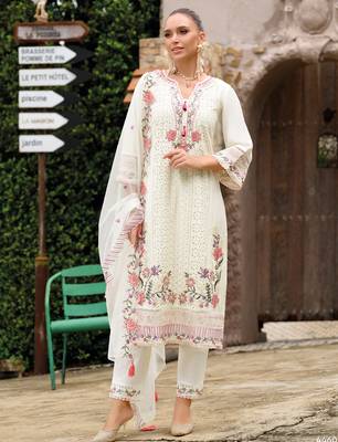 Off white embroidered silk kurta trouser dupatta set 2