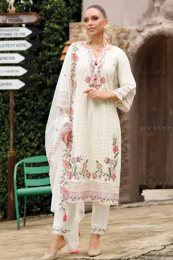 Off white embroidered silk kurta trouser dupatta set