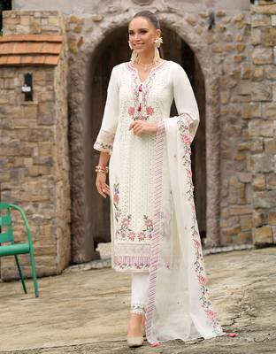 Off white embroidered silk kurta trouser dupatta set 3
