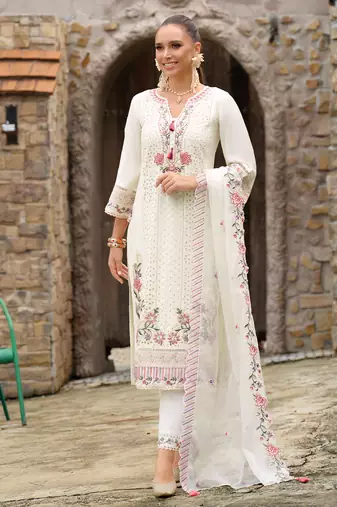Off white embroidered silk kurta trouser dupatta set