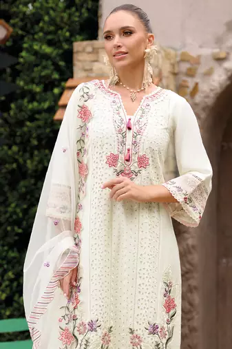 Off white embroidered silk kurta trouser dupatta set