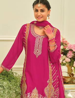 Pink embroidered chinon kurta trouser dupatta set 1