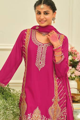 Pink embroidered chinon kurta trouser dupatta set