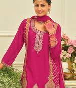 Pink embroidered chinon kurta trouser dupatta set