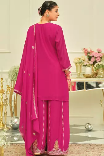 Pink embroidered chinon kurta trouser dupatta set