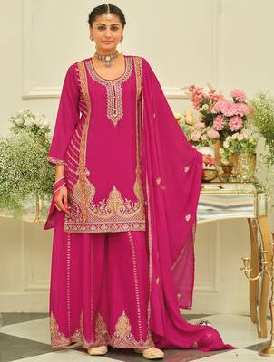 Pink embroidered chinon kurta trouser dupatta set 3