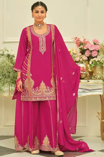 Pink embroidered chinon kurta trouser dupatta set