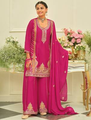 Pink embroidered chinon kurta trouser dupatta set 4