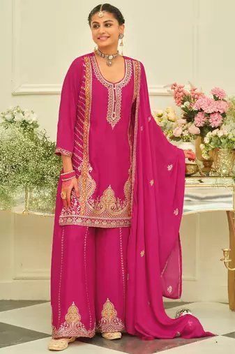 Pink embroidered chinon kurta trouser dupatta set