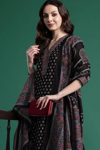 Black printed pure cotton kurta trouser dupatta set